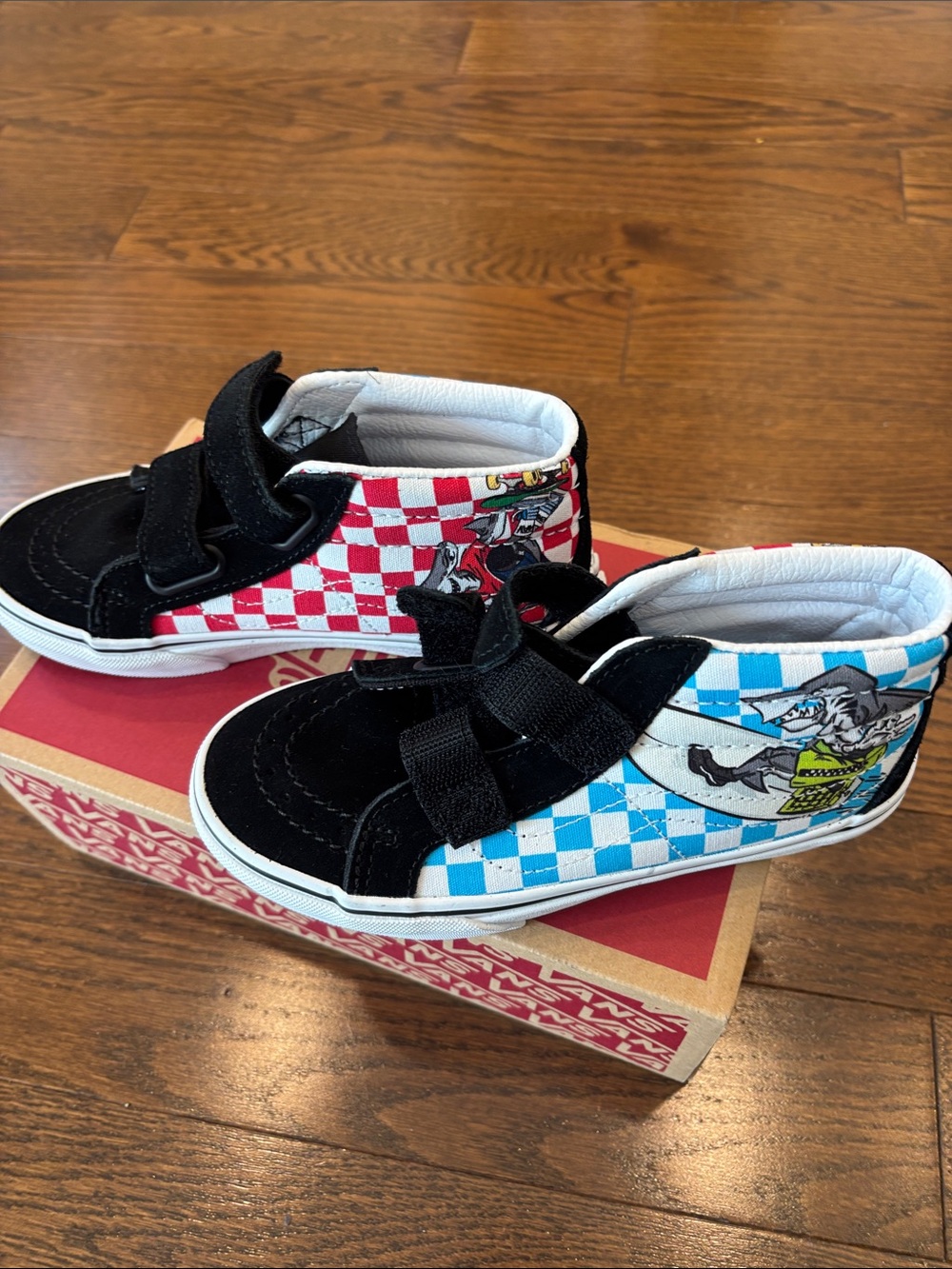 Vans Kids High-Top Sneakers with Red & Blue Checkerboard Panels